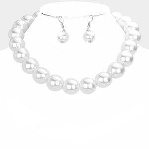 Simple Oversized White Pearl Necklace Set Jewelry Chunky Round Casual Womens